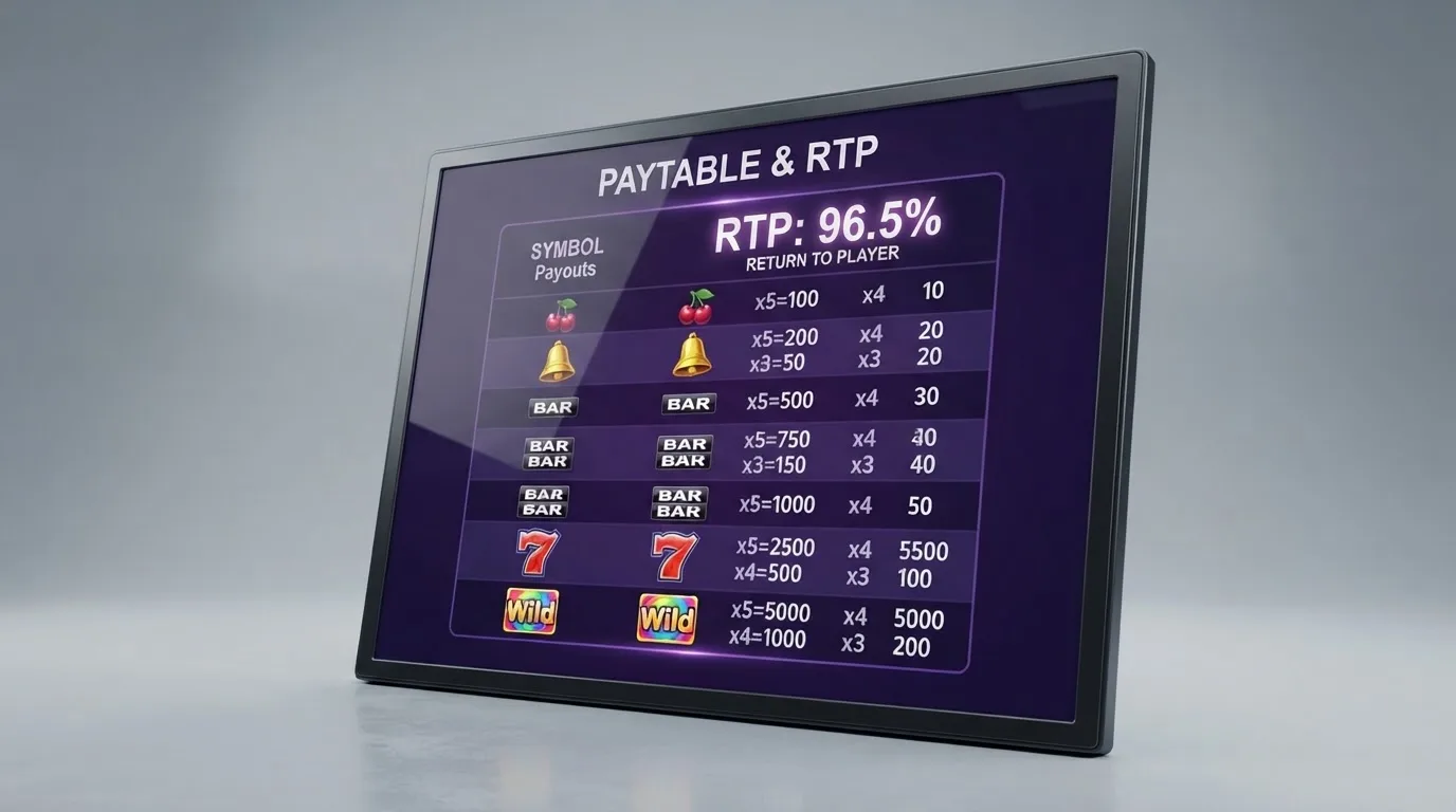 ekran automatu online z otwartą tabelą wypłat pokazującą wartość procentową RTP