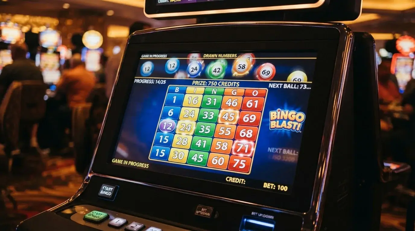 Ekran automatu do gry z kolorową planszą w stylu bingo i podświetlonymi liczbami