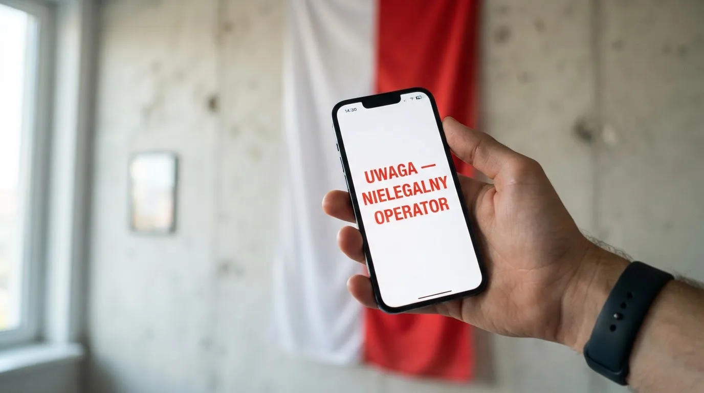 Dłoń trzymająca telefon z widocznym komunikatem ostrzegawczym o legalności hazardu online na tle biało-czerwonej flagi Polski.