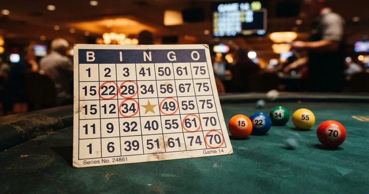 Karta do bingo z odznaczonymi liczbami obok wylosowanych kulek na stole w kasynie online