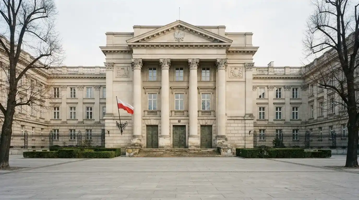 Fasada budynku instytucji państwowej z flagą Polski, symbol nadzoru regulatora nad rynkiem gier hazardowych
