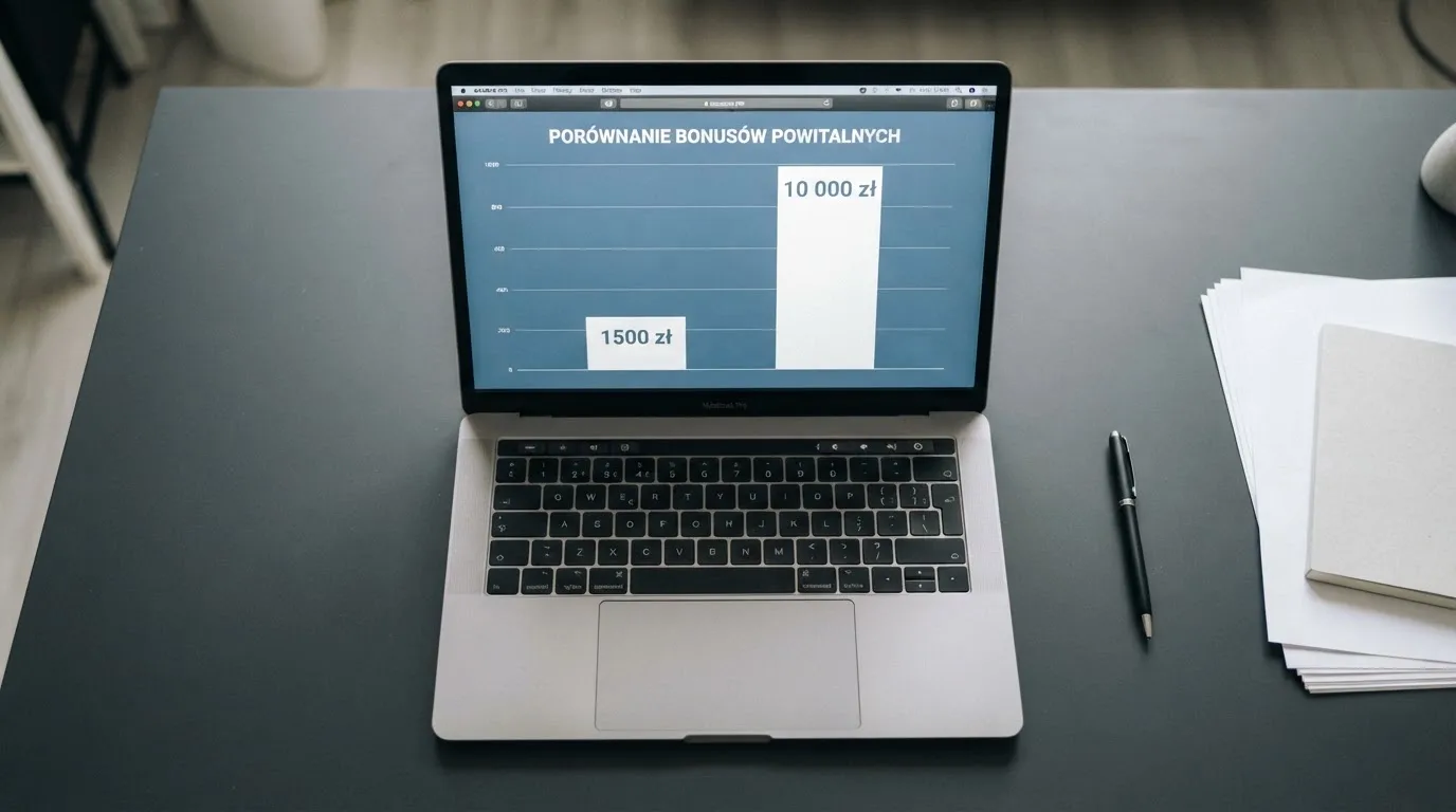 Widok z góry na laptop z otwartą tabelą porównawczą ofert powitalnych kilku serwisów kasynowych