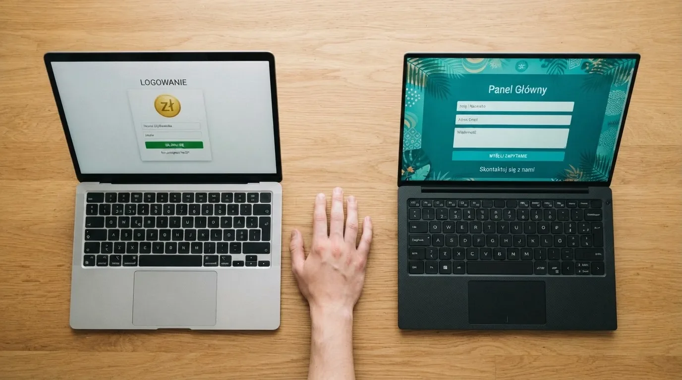 Dwa ekrany logowania kasyna online obok siebie na biurku, jeden z polskim interfejsem złotówkowym, symbolizujące porównanie dwóch różnych serwisów