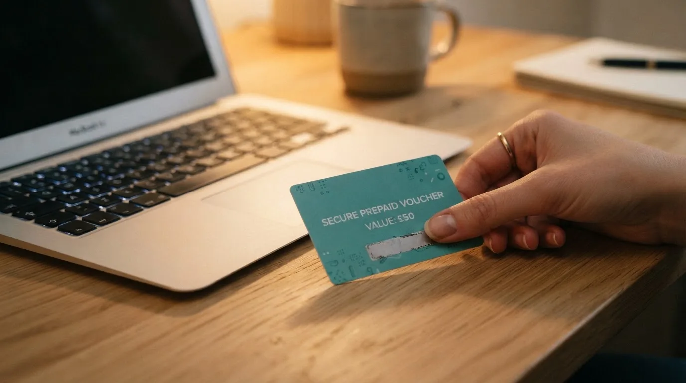 Karta przedpłacona Paysafecard z zasłoniętym polem kodu PIN obok klawiatury laptopa