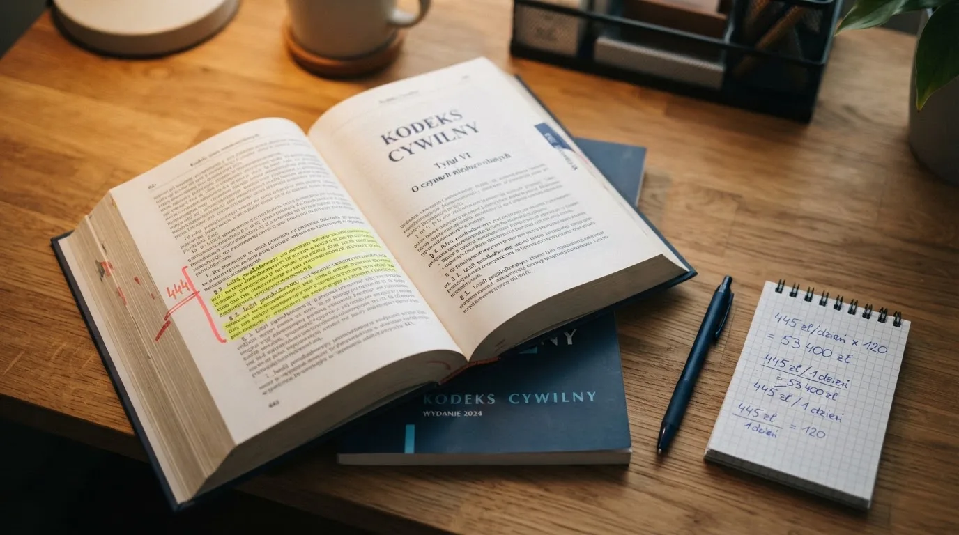 Wydruk kodeksu karnego skarbowego z zakreślonym artykułem obok kalkulatora i długopisu na biurku