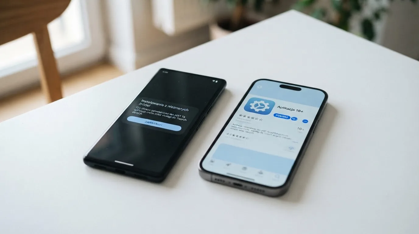 Dwa telefony obok siebie: na jednym komunikat zgody na instalację pliku APK z nieznanego źródła, na drugim strona aplikacji w sklepie z przyciskiem pobierania