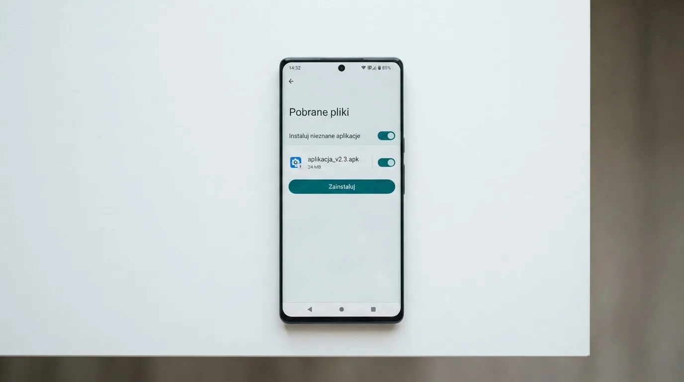 Ekran ustawień Androida z przełącznikiem zgody na instalację aplikacji z nieznanego źródła i pobranym plikiem instalacyjnym na liście