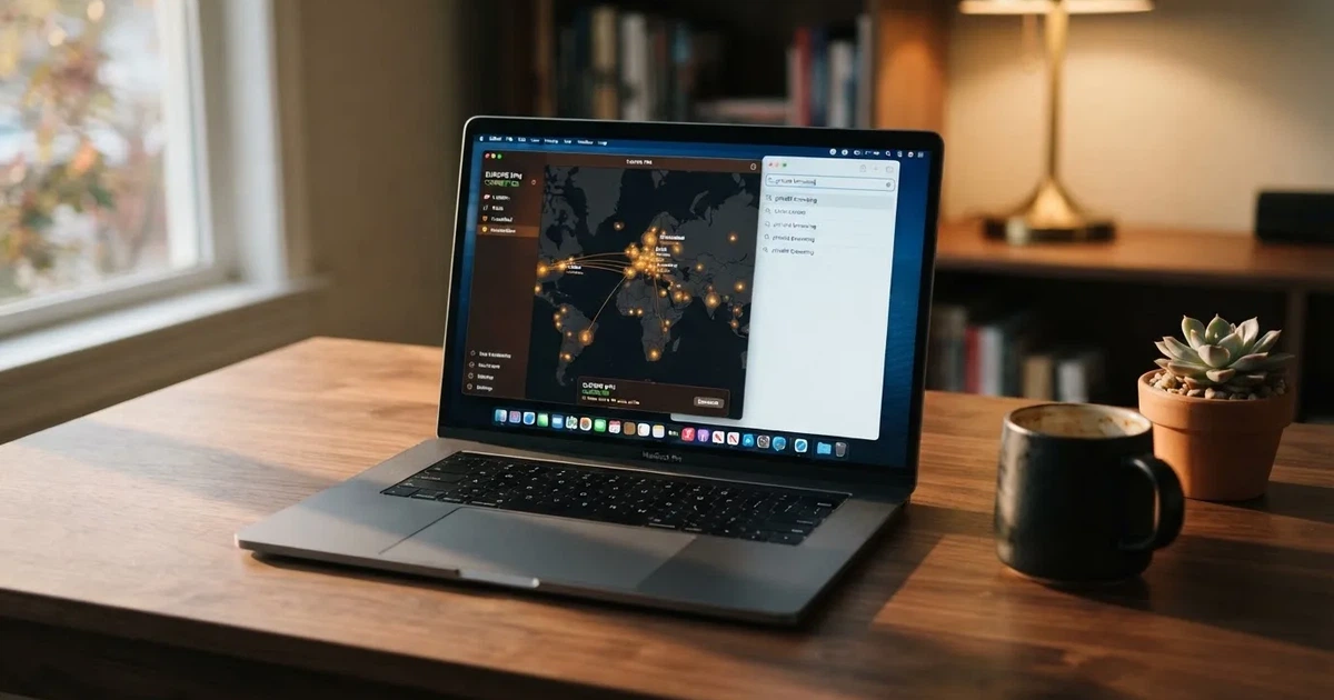 Laptop na biurku z włączoną aplikacją VPN i mapą serwerów w kilku krajach obok otwartej przeglądarki