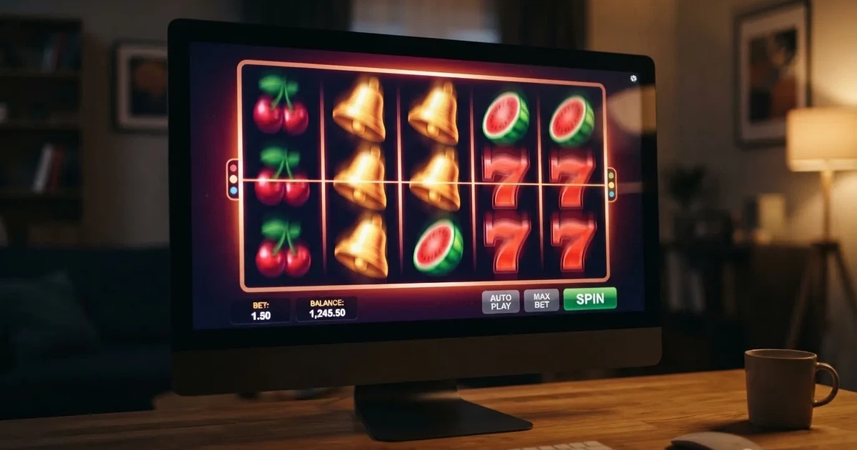 Ekran otwierający automat online z kolorowymi symbolami owoców na wirtualnych bębnach, bez logo żadnego konkretnego kasyna