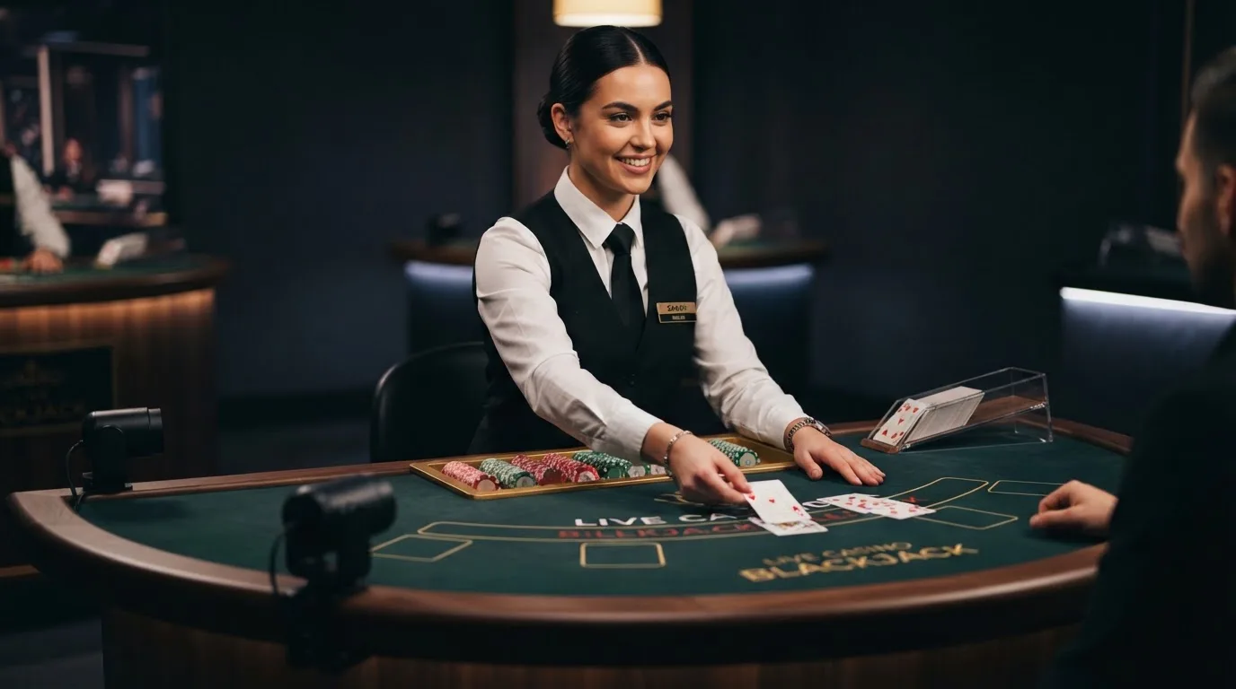 Krupier rozdający karty przy stole blackjacka podczas transmisji na żywo