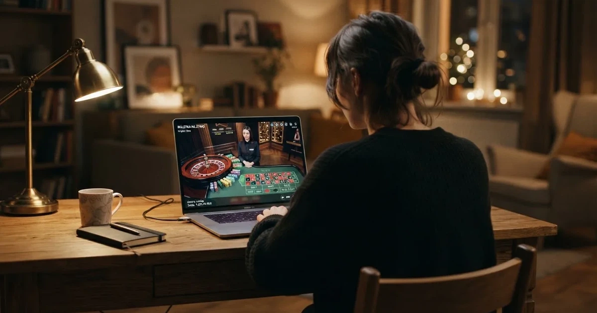 Gracz przy laptopie czyta krótkie wyjaśnienie, czym jest kasyno na żywo