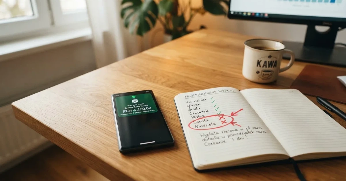 Smartfon z powiadomieniem o zaksięgowanym przelewie przychodzącym, obok papierowy kalendarz z zakreśloną sobotą i niedzielą
