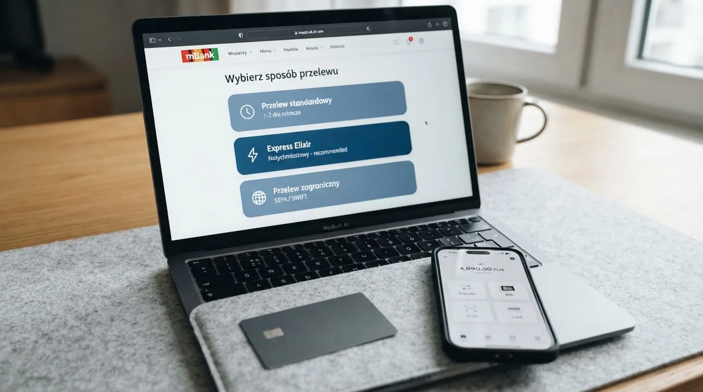 Ekran aplikacji bankowej z wyborem rodzaju przelewu, obok karta płatnicza i telefon z otwartym e-portfelem bez logotypów