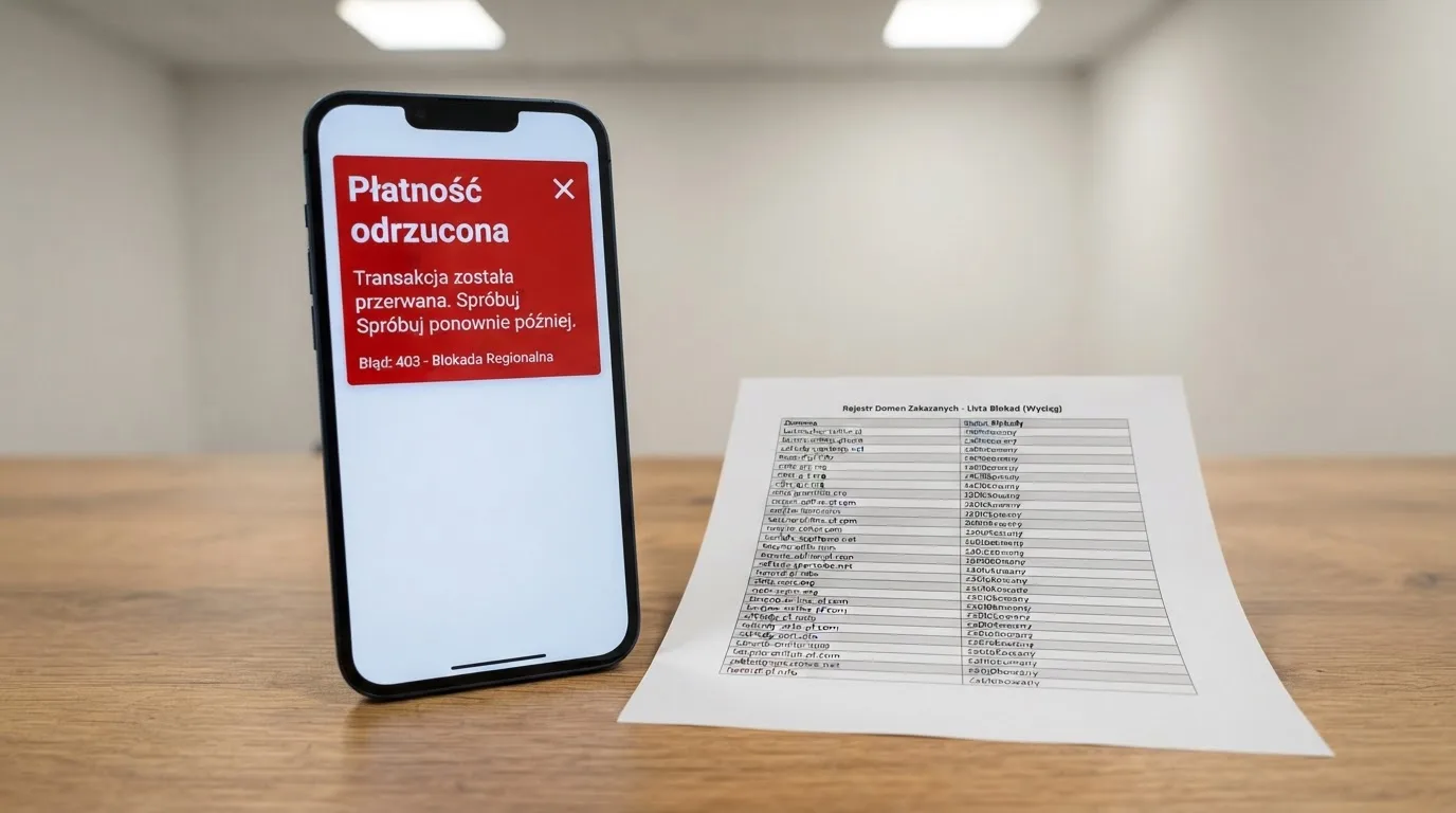 Telefon z komunikatem o odrzuconej płatności na ekranie, obok wydruk tabeli z listą zablokowanych adresów stron