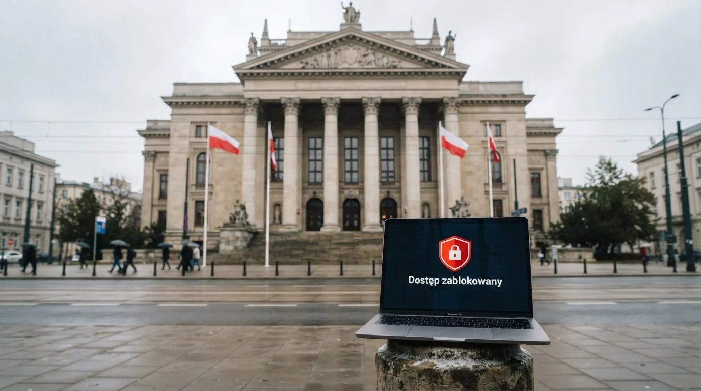 Budynek urzędu z tablicą ministerstwa, na pierwszym planie laptop z komunikatem o zablokowanej stronie kasyna