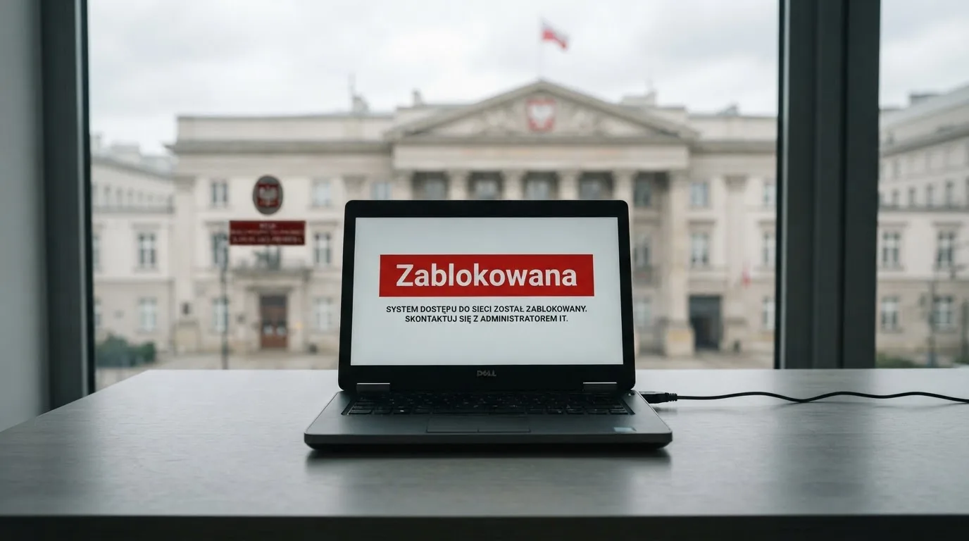 Laptop z komunikatem o zablokowanej stronie hazardowej, w tle budynek urzędu z tablicą ministerstwa