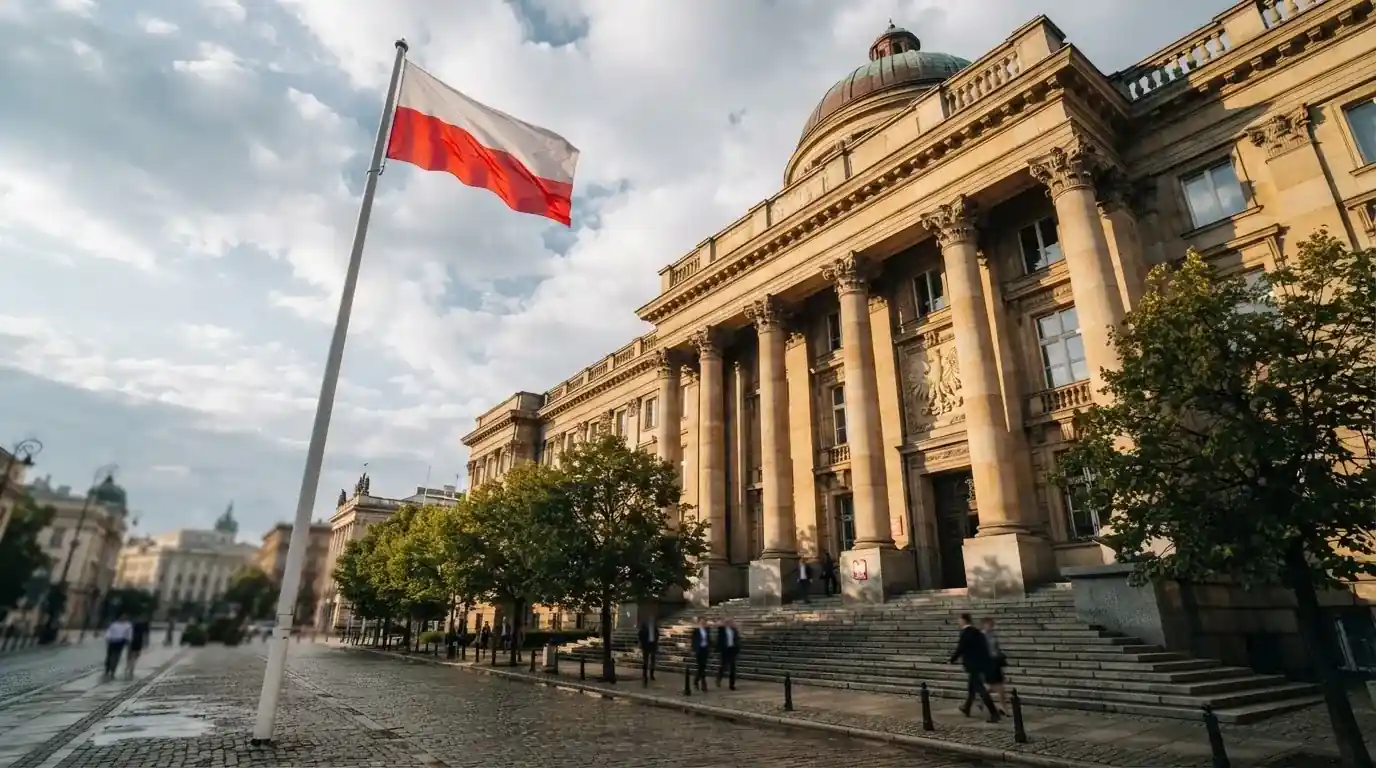 Budynek urzędu administracji państwowej z flagą Polski na maszcie w tle