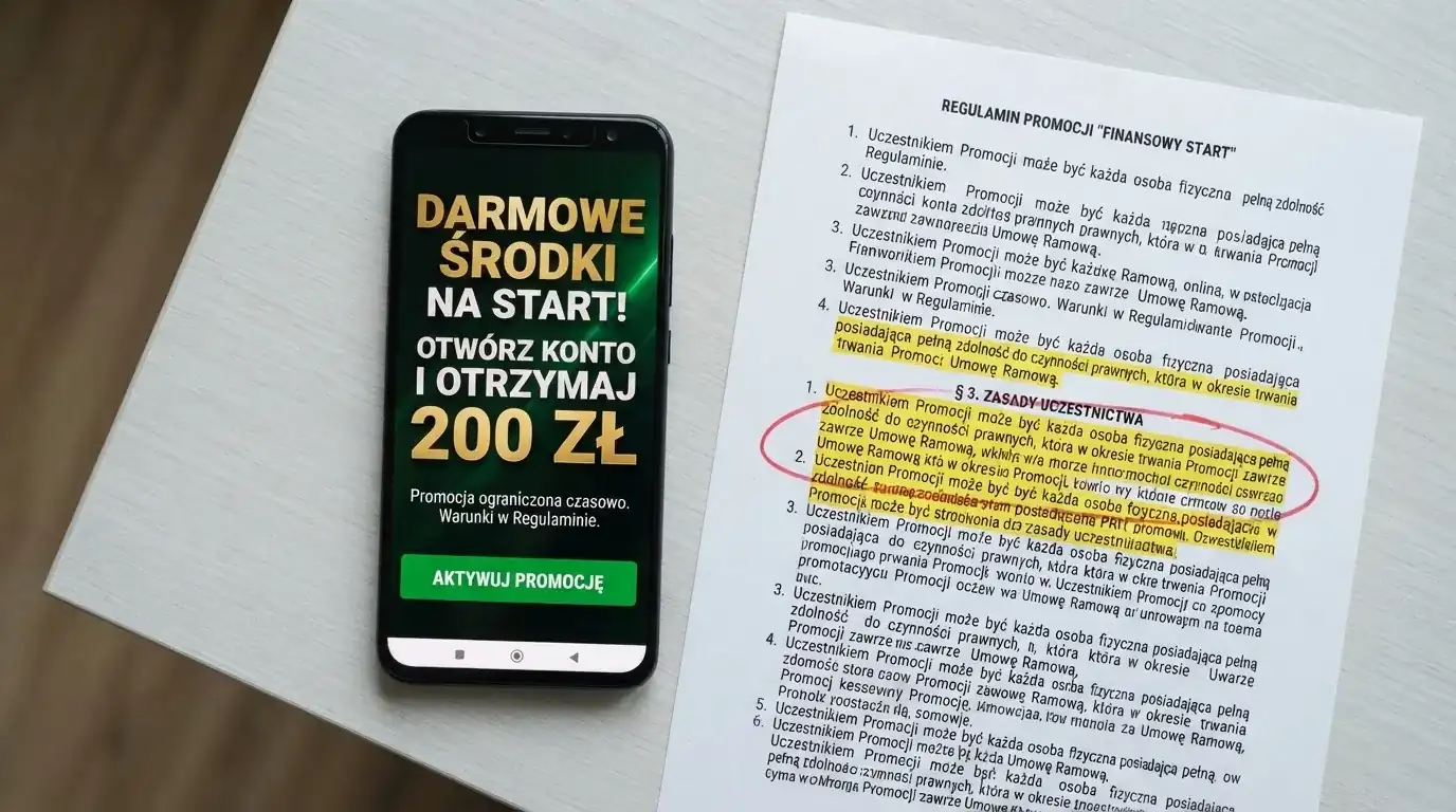Telefon z banerem obiecującym darmowe złotówki za założenie konta, obok wydrukowany tekst ustawy o grach hazardowych z zaznaczonym artykułem