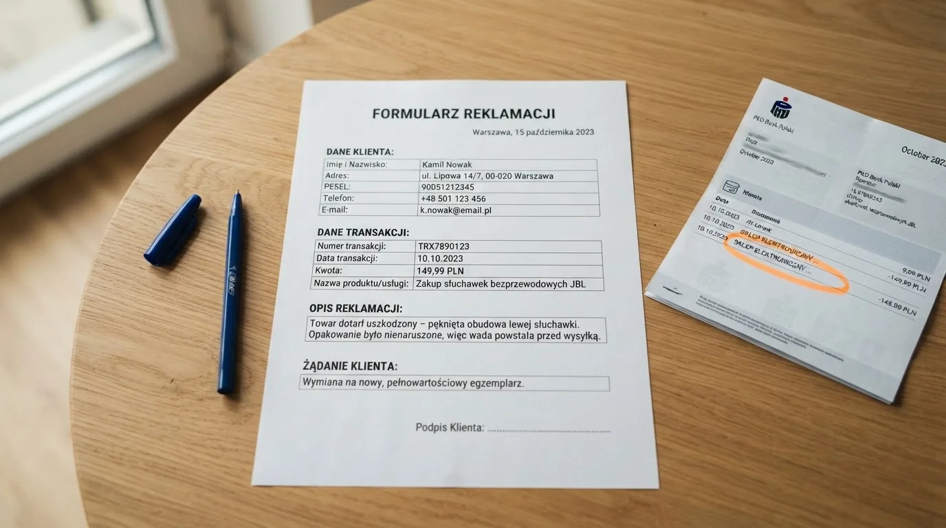 Wydrukowany formularz reklamacji leżący na biurku obok długopisu i wyciągu bankowego z zakreśloną pozycją