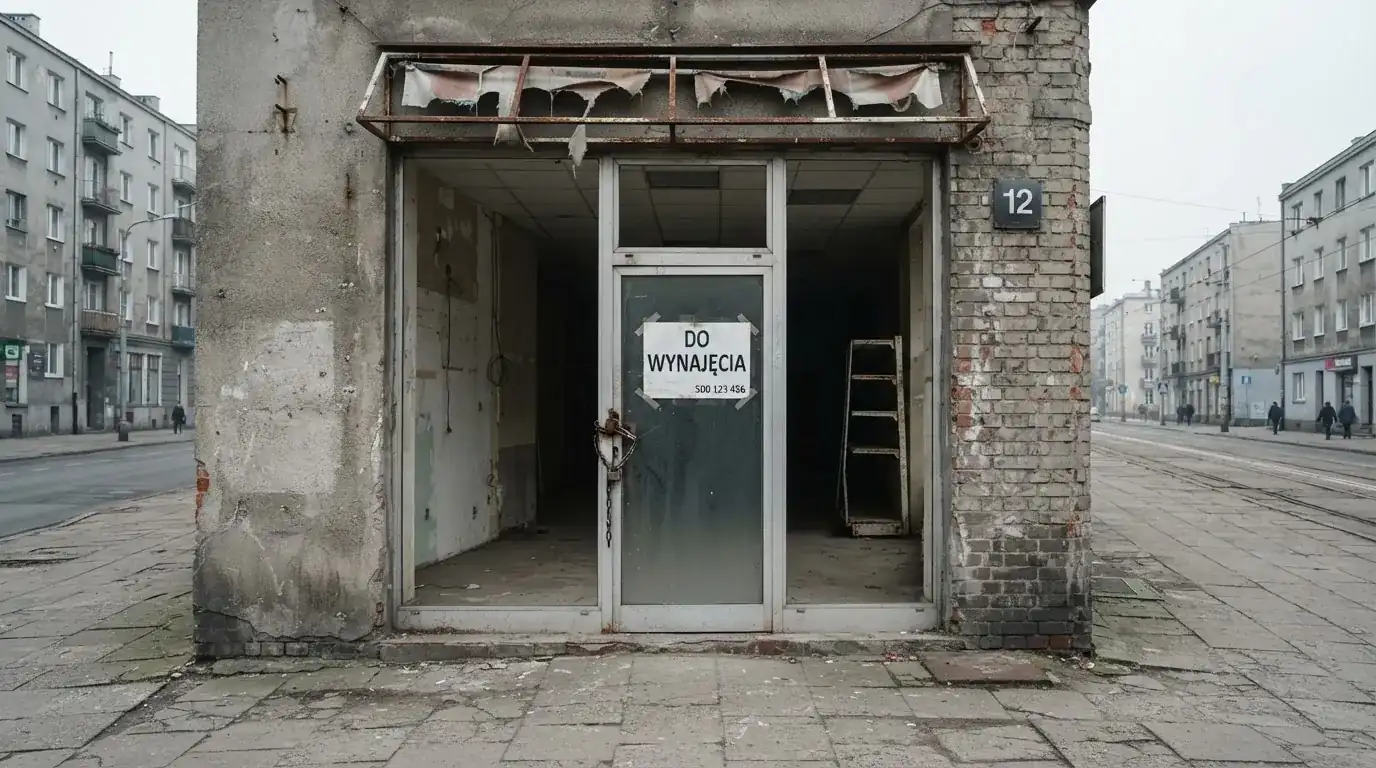 Pusty, zamknięty lokal handlowy z tabliczką „do wynajęcia”, symbolizujący brak działających salonów gry bingo pieniężne