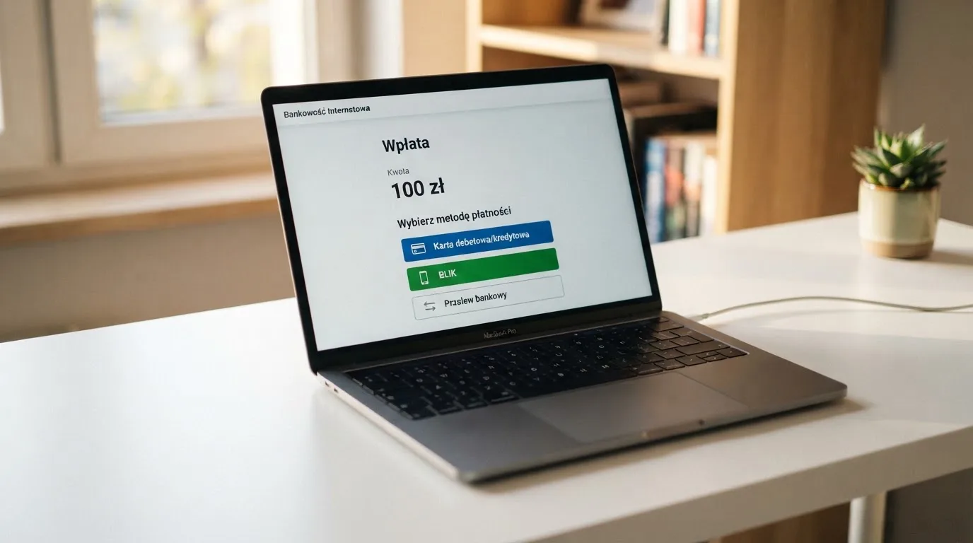Laptop z oknem wpłaty na ePortfel, wpisana kwota 100 zł i lista metod: BLIK, karta płatnicza, szybki przelew